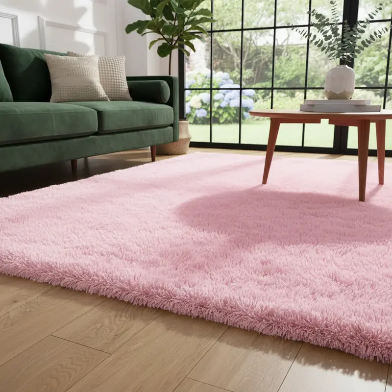 Tapete rosa em sala com sofá verde